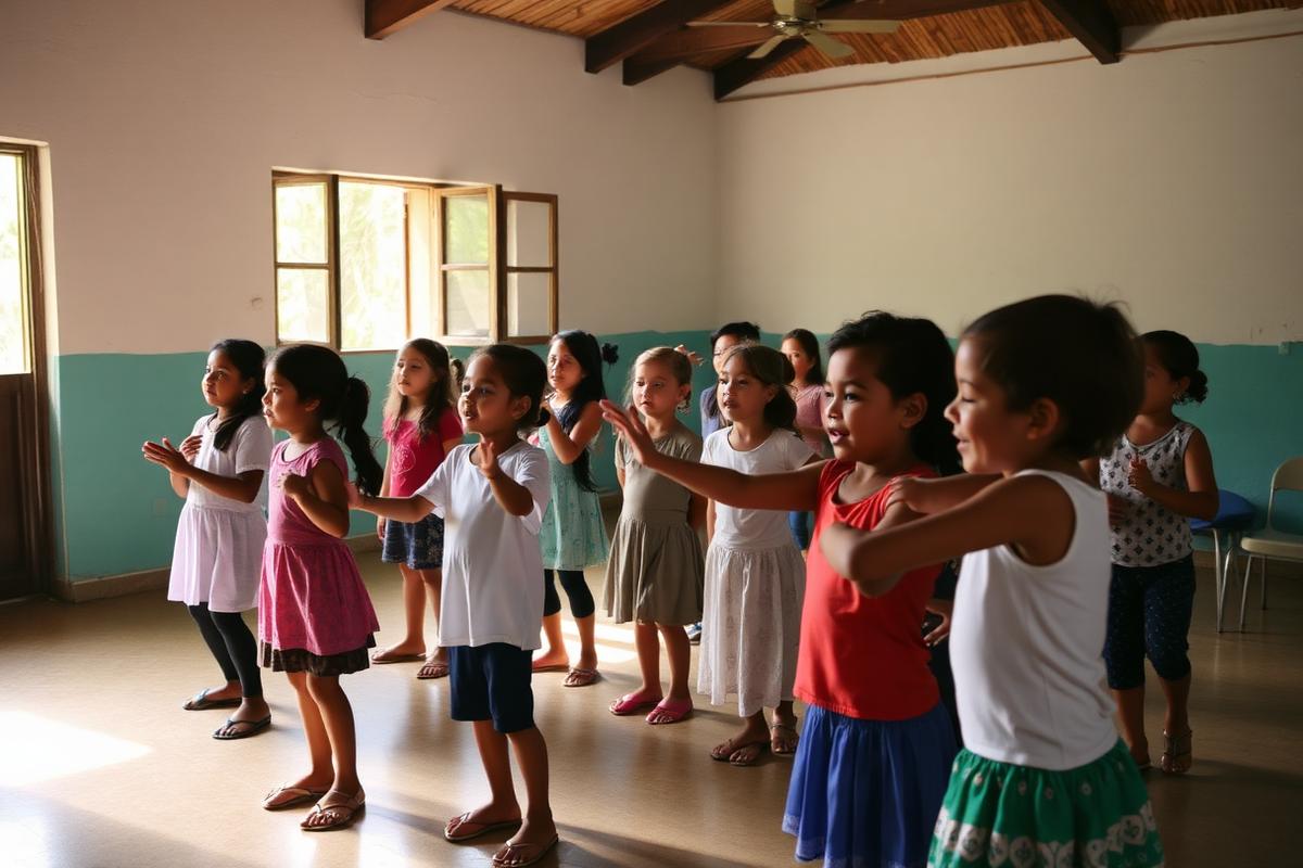 Crianças em atividade de dança e canto em um salão comunitário
